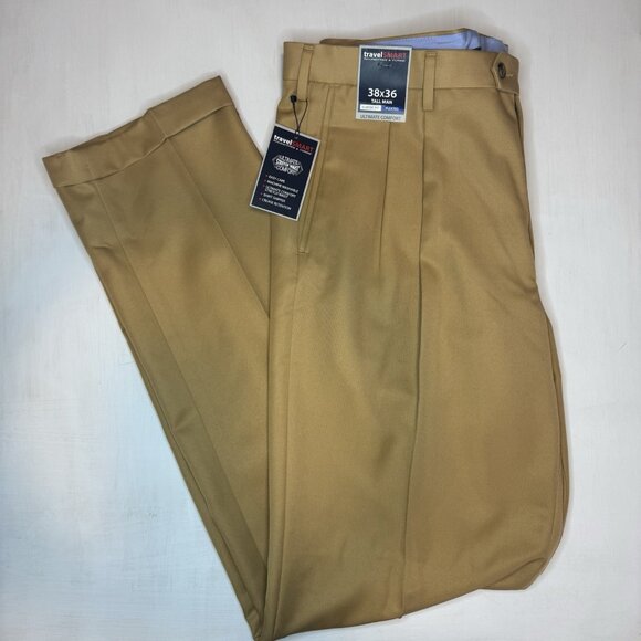 NWT Roundtree & Yorke Pants Travel Smart Mens Tall 38x36 Dress Tan Pleated - Picture 1 of 12